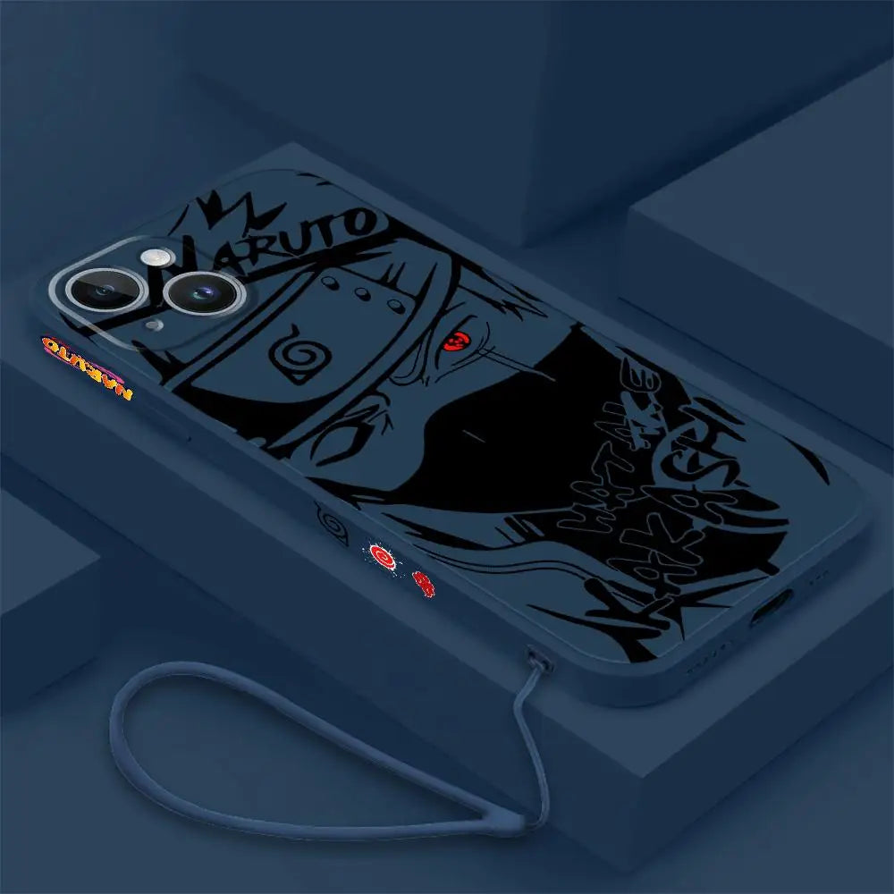 A premium Kakashi Itachi Phone Case featuring square liquid silicone design and anime art for Apple iPhone 15, 14, and 13 Pro Max.