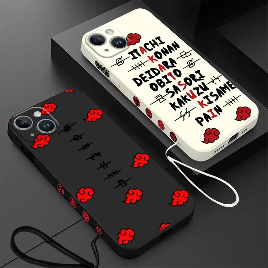 A black Akatsuki Cloud Phone Case featuring the red cloud symbol pattern, compatible with Apple iPhone 16, 15, 14 Pro Max, and 13.