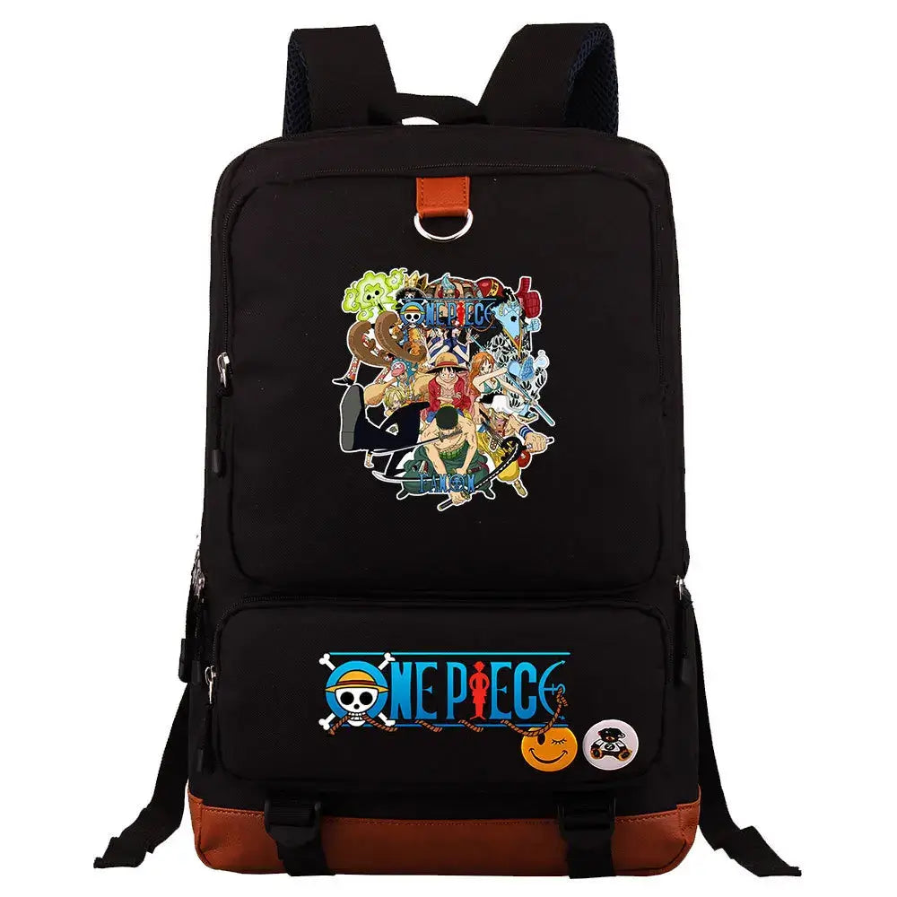 A large, unisex One Piece Luffy Printed Unisex Backpack suitable for school and travel, with compartments for a laptop and iPad.