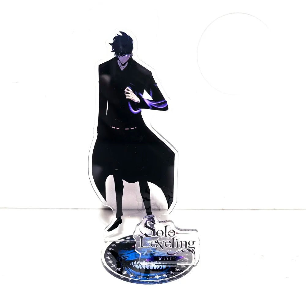 A high-definition 15cm Solo Leveling Acrylic Stand featuring Sung Jinwoo, Sung Jin Ah, and Yoo Jin Ho anime action figures for desk decoration.