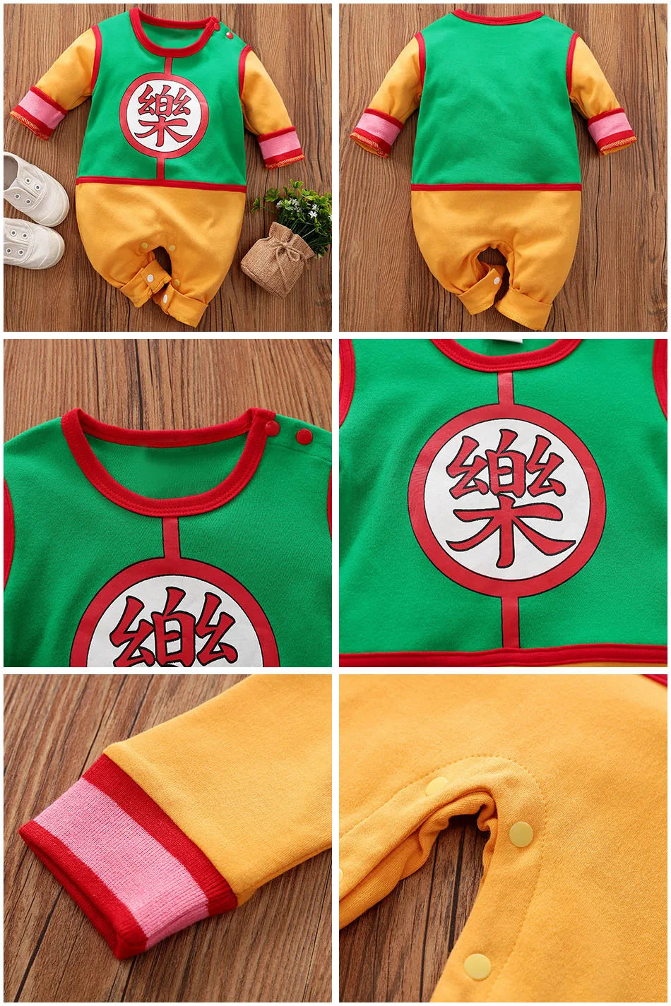 A newborn infant wearing the Baby Anime Costume, a cosplay jumpsuit available in Luffy, Akatsuki, and Vegeta styles.
