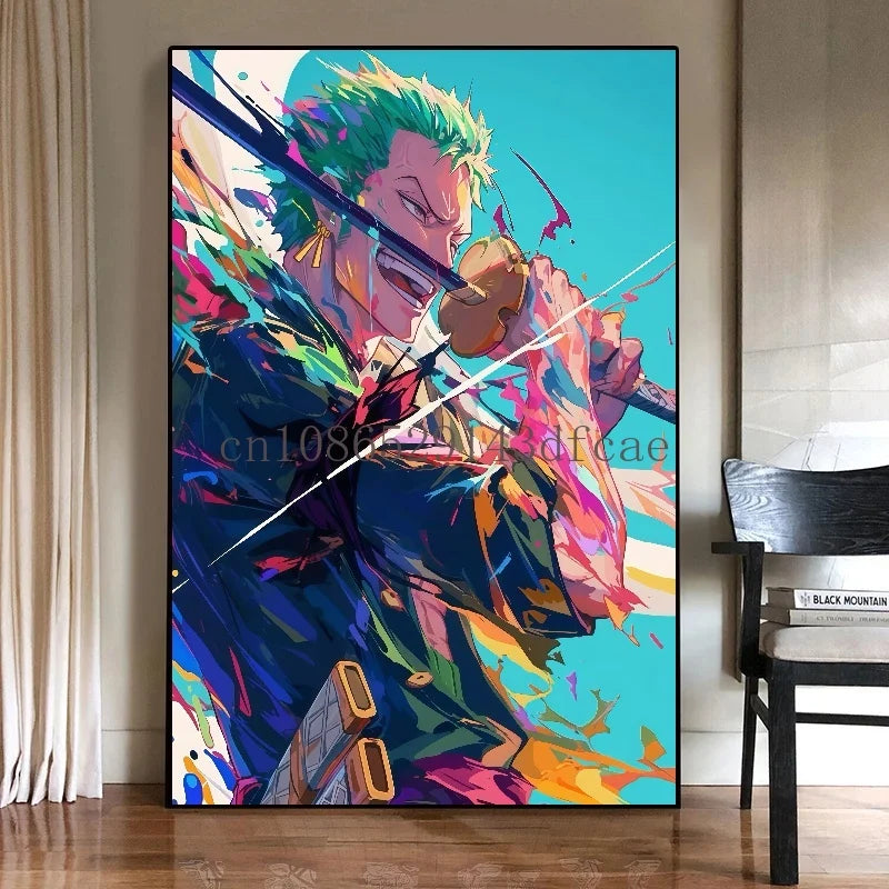 A high-quality One Piece Canvas Print featuring classic Japanese anime characters like Luffy, designed as unframed wall art for living room decoration.