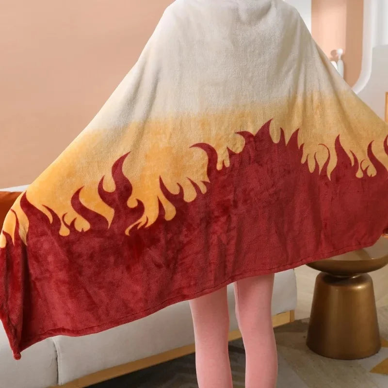 A cozy Demon Slayer Blanket styled as a Tanjiro Kamado plaid haori, functioning as a wearable bathrobe and anime cosplay shawl.