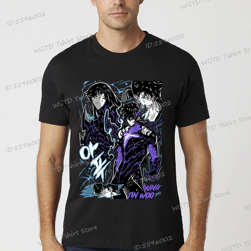 A vintage black Solo Leveling Anime T-Shirt featuring a funny Sung Jinwoo graphic print, available in sizes S to 4XL for men and women.