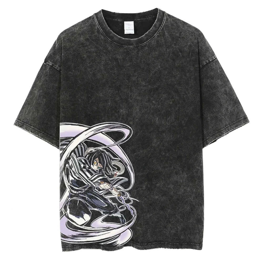 A men's vintage Demon Slayer Kamado Tanjirou Graphic Print T Shirt in a washed cotton Harajuku style.