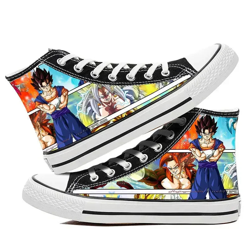 Trendy Dragon Ball High Top Canvas Shoes featuring Goku and Vegeta animation art, breathable flat sneakers for students and fans.