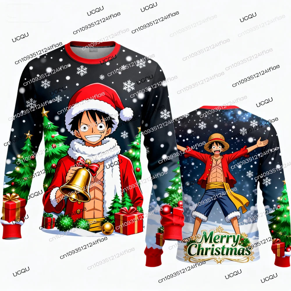 A festive Luffy Christmas Long Sleeve t-shirt featuring One Piece anime art, designed as a holiday gift for men, women, and kids.