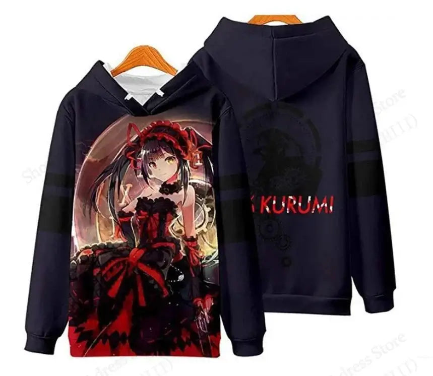 A unisex Anime Kurumi Tokisaki 3d Print Hoodie, designed as a fashion sweatshirt and sexy girl coat for men, women, and boys.
