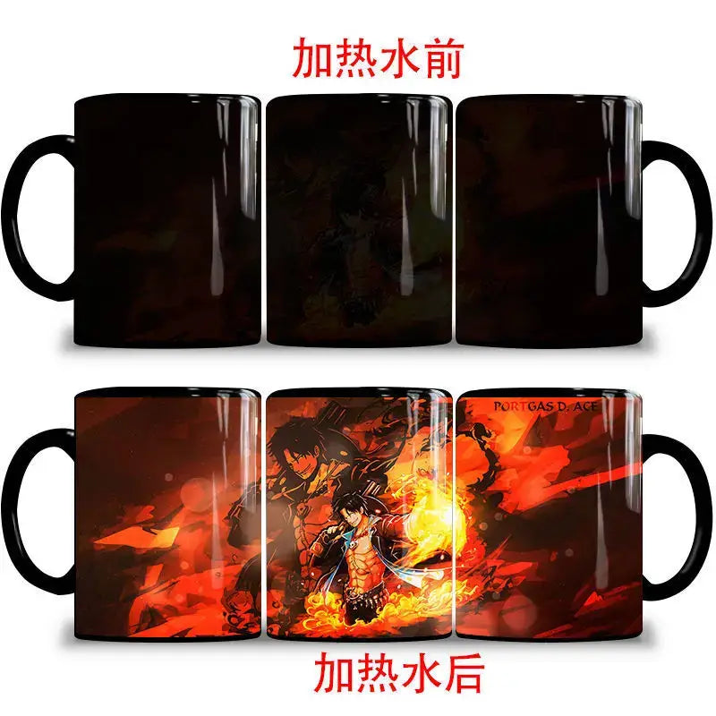 A ceramic One Piece Color Changing Mug revealing Gear 5 Nika Luffy and Fire Fist Ace artwork when filled with hot liquid.
