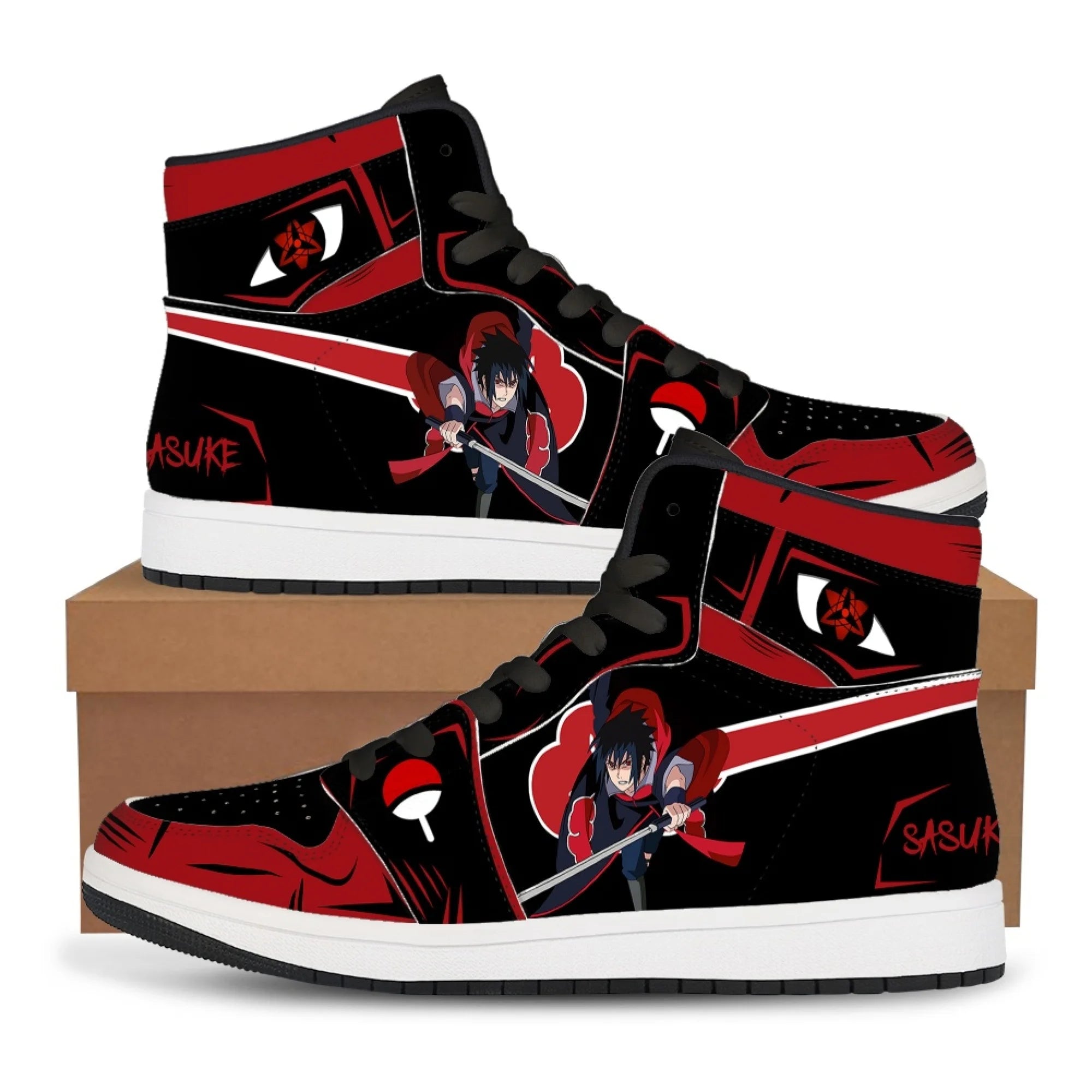 Trendy black Akatsuki High-Top Sneakers featuring the red cloud anime symbol, comfortable casual basketball shoes for men.