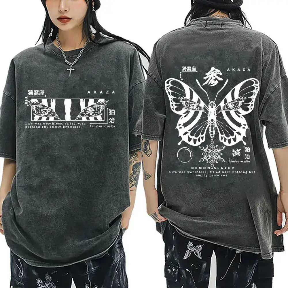 A vintage washed Demon Slayer Serpent Hashira Iguro Obanai T Shirt in a casual, oversized style for men and women.