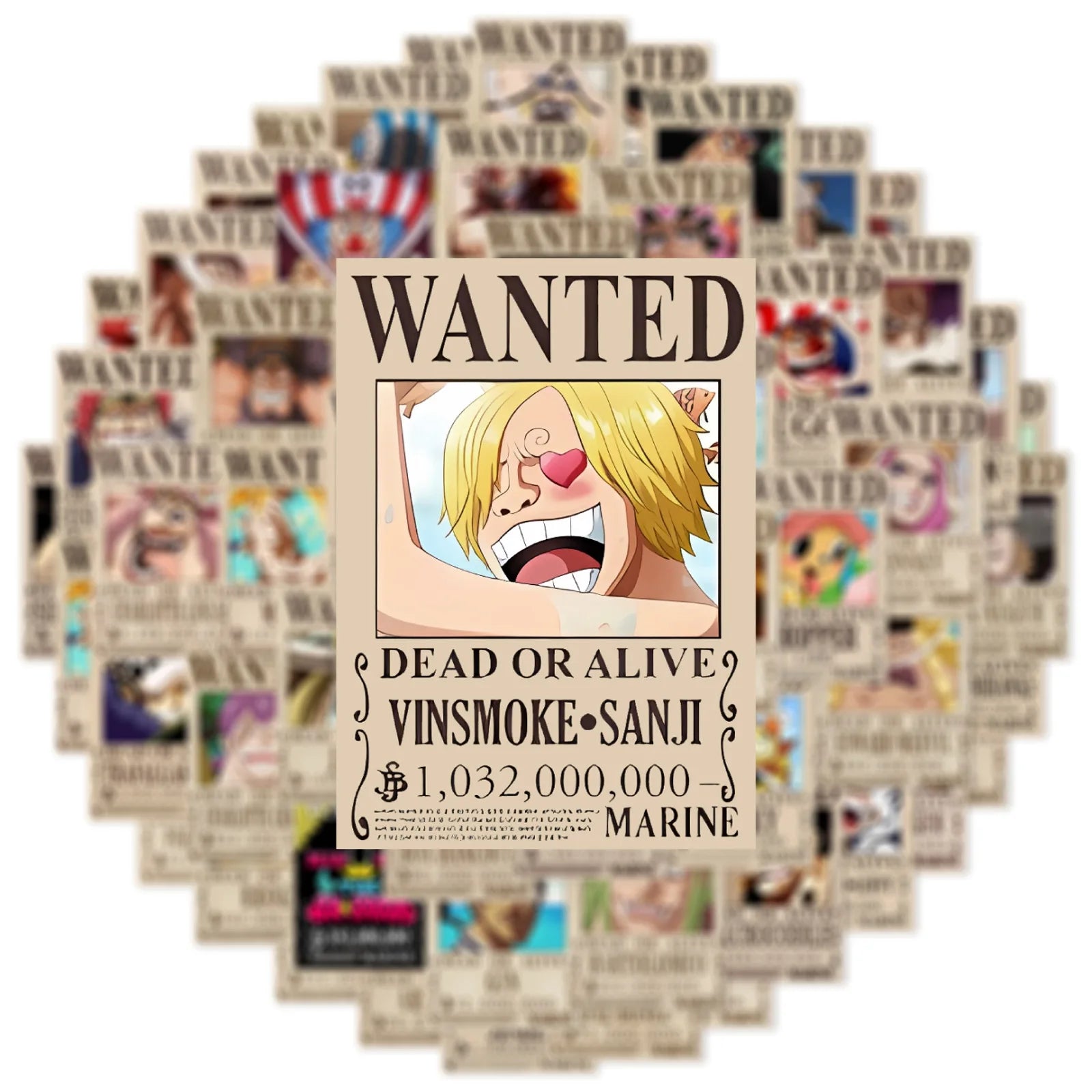 A pack of 50 One Piece Wanted Posters stickers and cool graffiti decals featuring Luffy and the Straw Hat crew, applied to a laptop and suitcase.