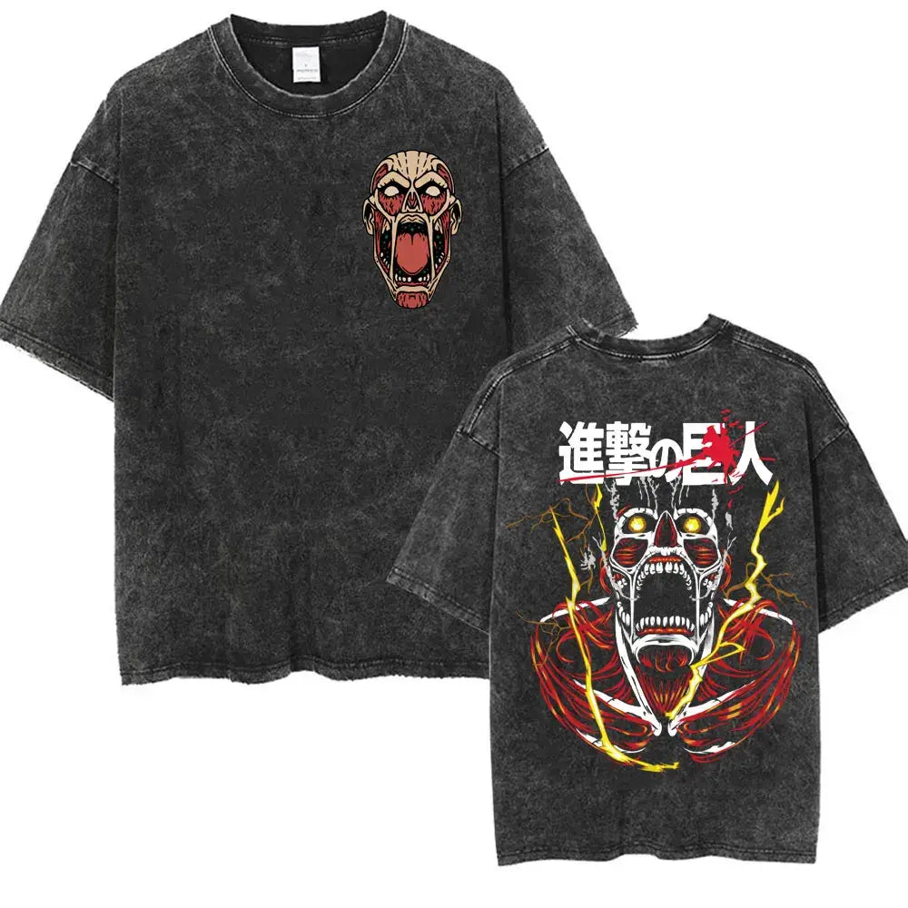 An oversized Attack on Titan Washed T-shirt featuring a vintage Levi Ackerman graphic, a stylish streetwear item for men and women.