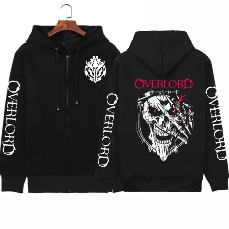 A unisex Overlord Cosplay Horror Skull Hoodie with a zip-up front, designed as Harajuku sportswear.