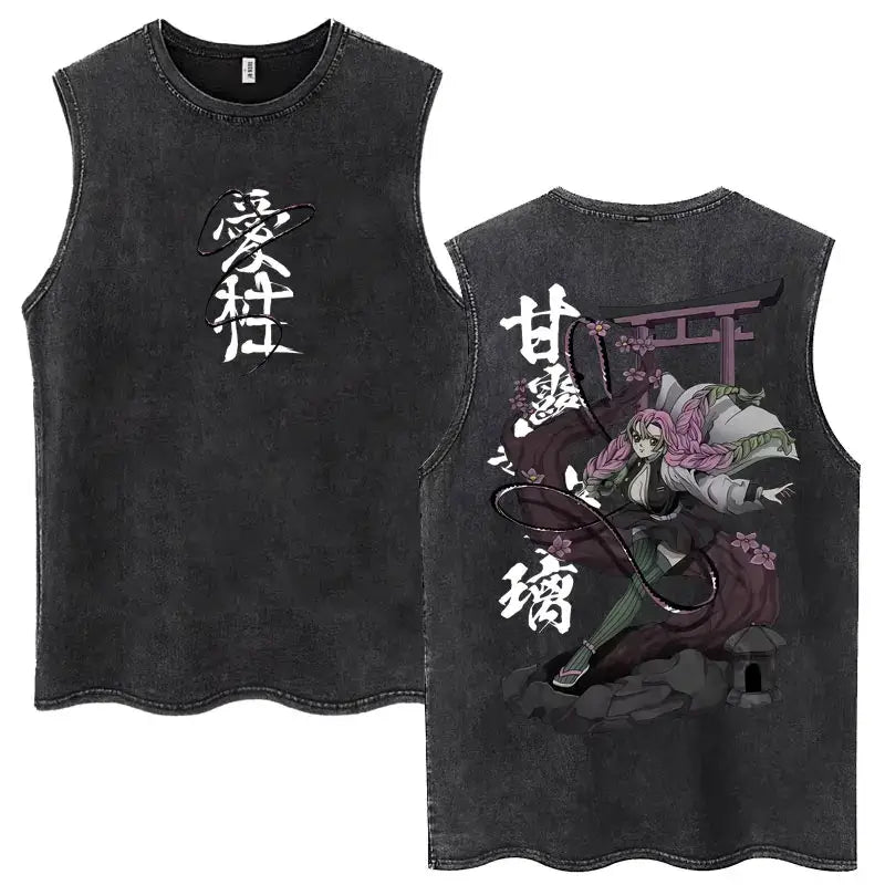 A washed retro Zenitsu Demon Slayer Tank Top featuring Agatsuma Zenitsu manga art, sleeveless cotton summer streetwear for men and women.