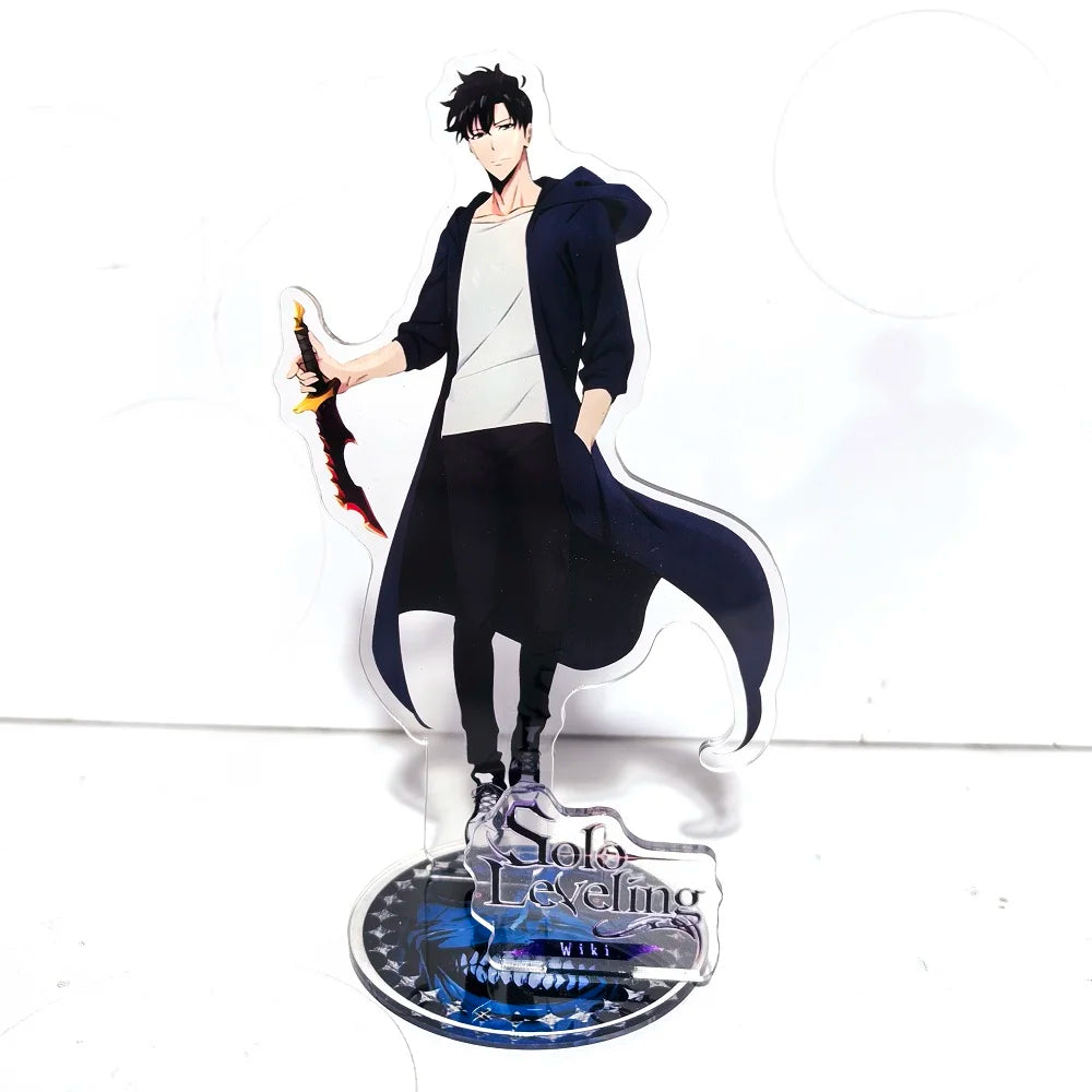 A high-definition 15cm Solo Leveling Acrylic Stand featuring Sung Jinwoo, Sung Jin Ah, and Yoo Jin Ho anime action figures for desk decoration.