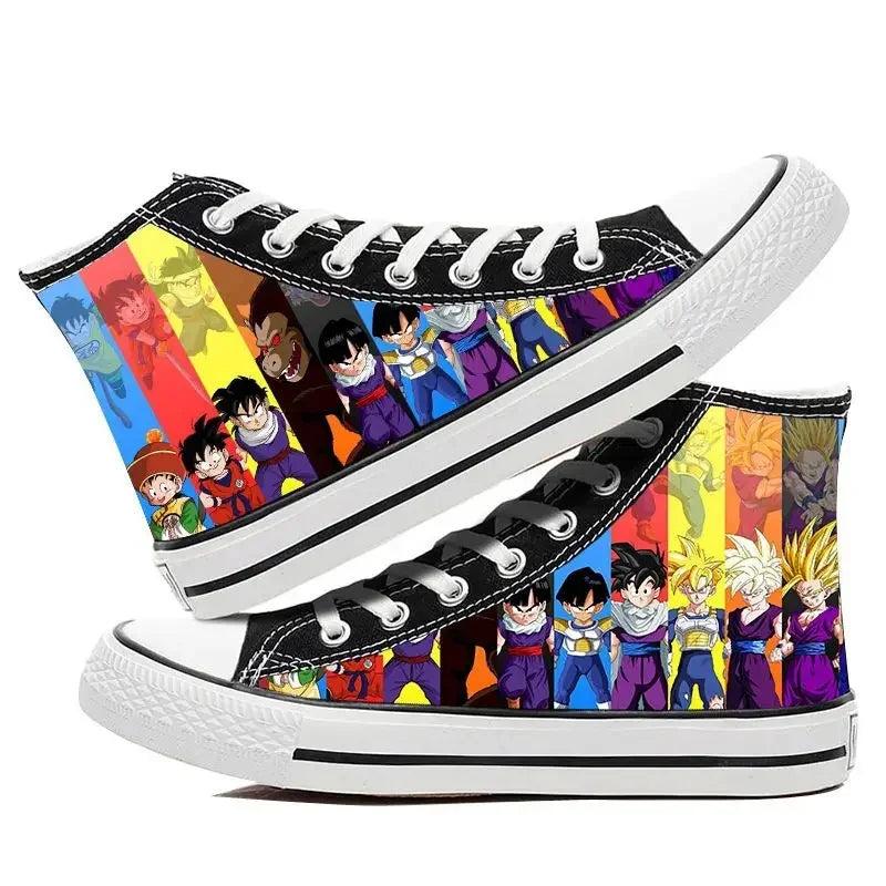 Trendy Dragon Ball High Top Canvas Shoes featuring Goku and Vegeta animation art, breathable flat sneakers for students and fans.