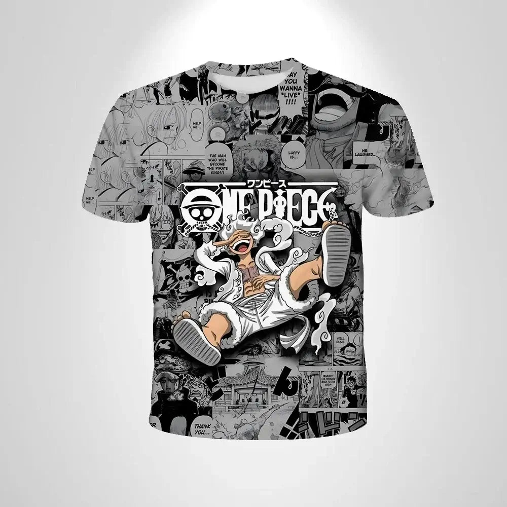 A black loose-fit One Piece Luffy T-shirt featuring a cartoon cosplay graphic of Monkey D. Luffy for men and boys.