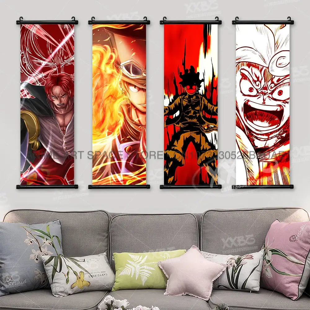 A vibrant One Piece Hanging Painting featuring anime characters Monkey D. Luffy, Portgas D. Ace, Sabo, and Shanks on a canvas scroll for home decor.