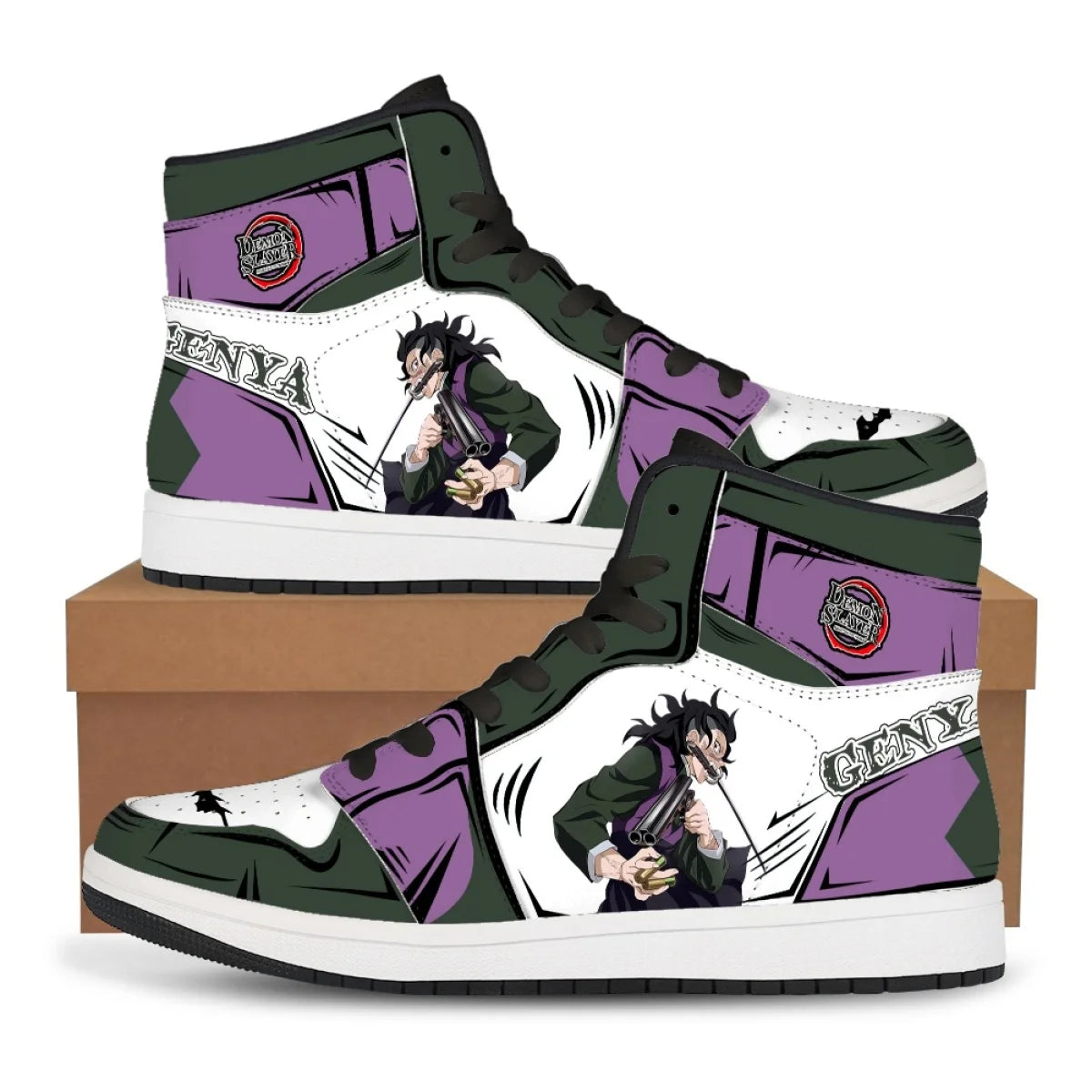 High-top Demon Slayer Sneakers featuring Tanjiro Kamado and Nezuko Kamado anime designs, styled as fashionable basketball shoes for men and women.
