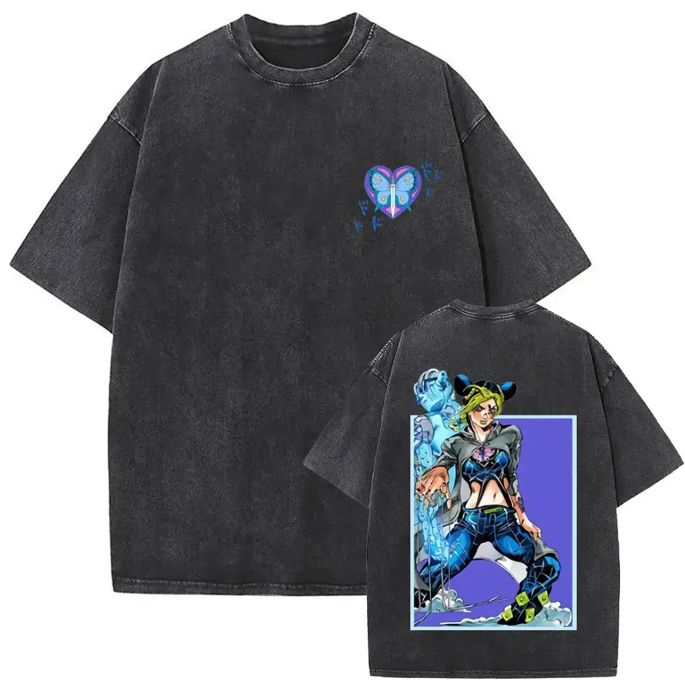 A washed Jojo Bizarre Adventure Vintage T-shirt featuring high-quality manga prints of Jotaro Kujo, Dio, and Giorno for men and women.