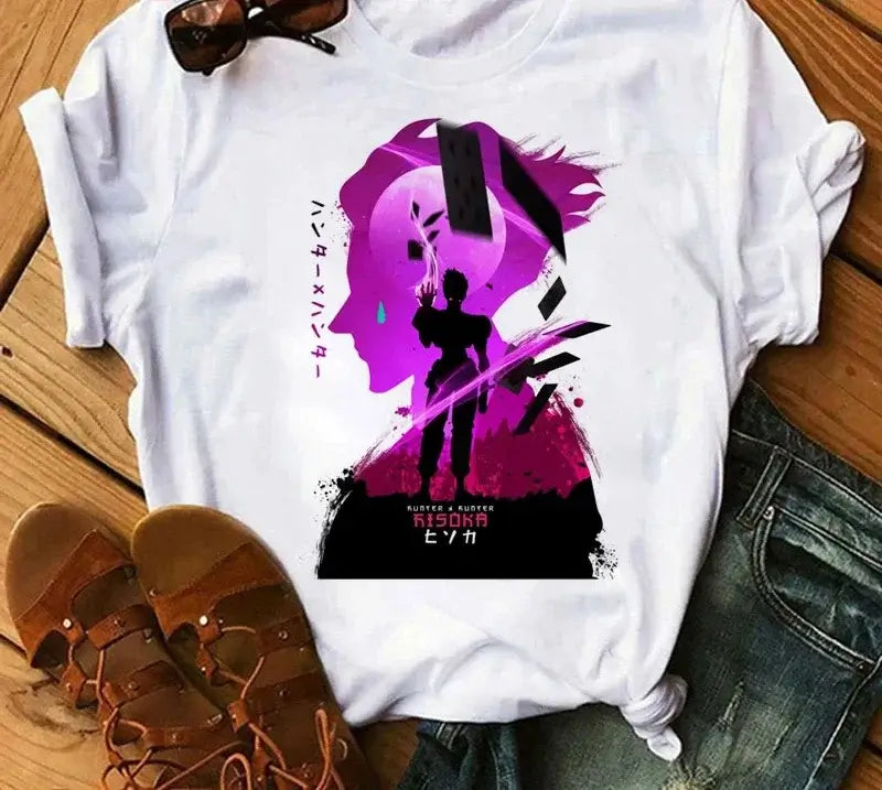 A woman wearing the casual vintage Japanese Anime Hunter X Hunter Graphic T Shirt.