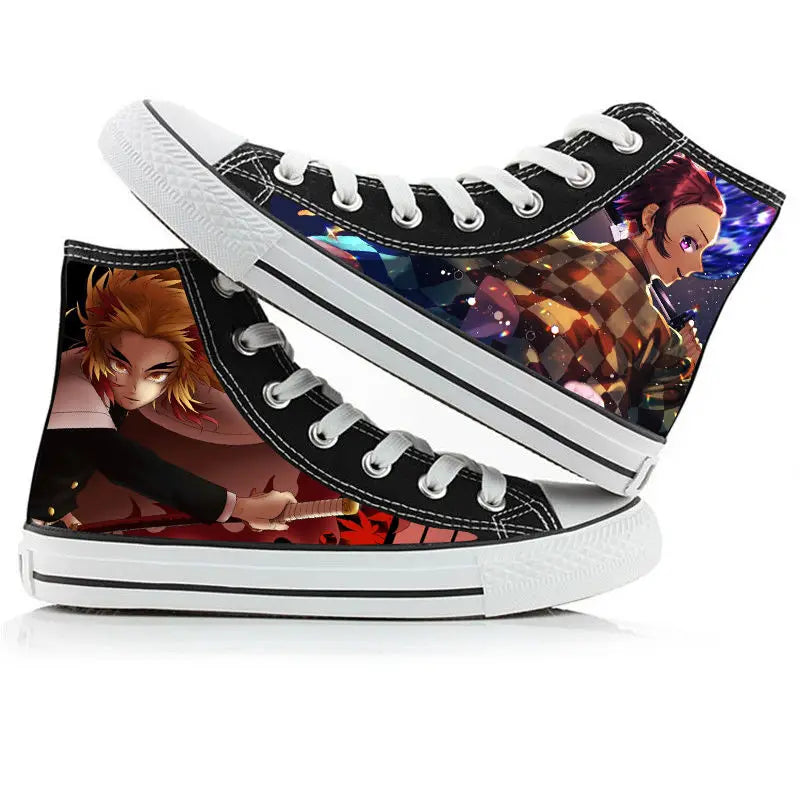 A pair of kawaii Anime Demon Slayer Canvas Shoes in a hand-painted high-top sneaker style for boys and girls.