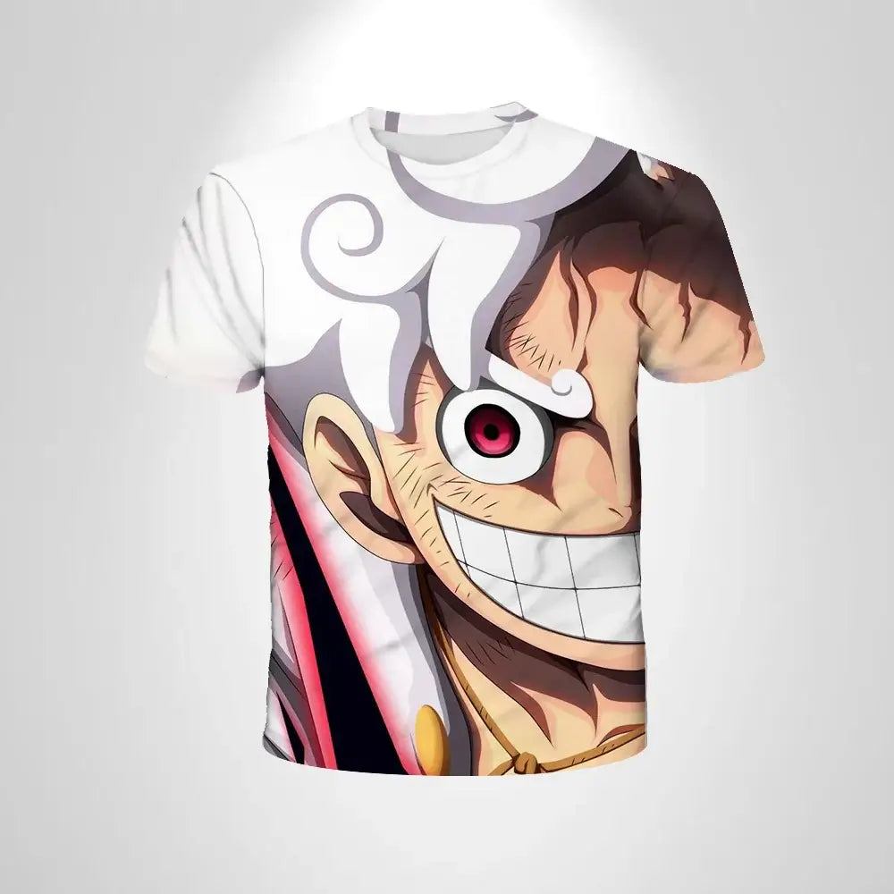 A black loose-fit One Piece Luffy T-shirt featuring a cartoon cosplay graphic of Monkey D. Luffy for men and boys.