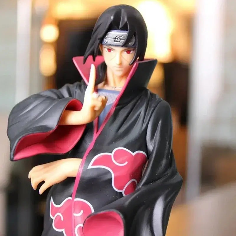 A high-quality Uchiha Itachi Action Figure from Naruto Shippuden, featuring the Akatsuki Organization cloak and GK PVC dress-up design elements.
