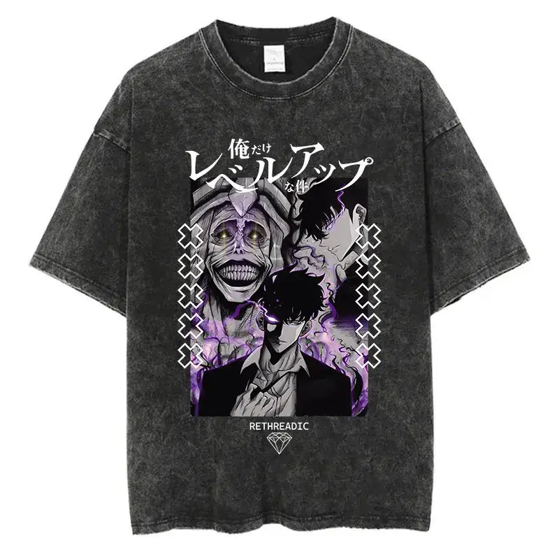 A trendy Solo Leveling Vintage T-shirt featuring a Sung Jinwoo graphic print, designed with a retro washed cotton finish for Harajuku streetwear.