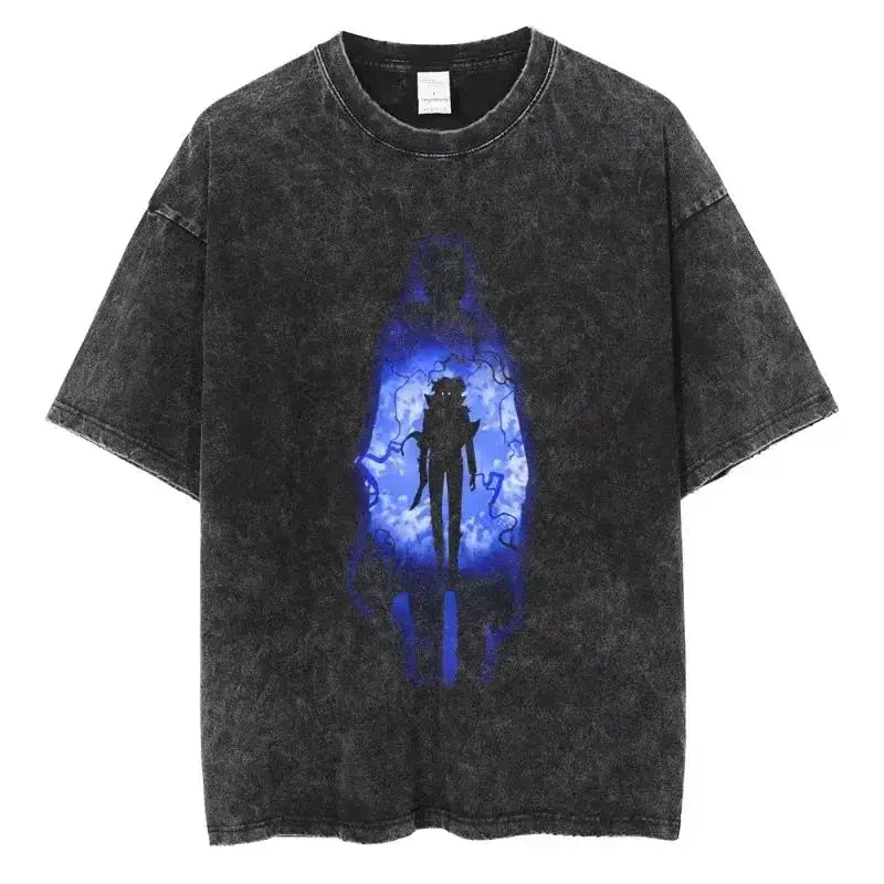 A hot unisex and plus size Solo Leveling Sung Jin-Woo Printed T Shirt in a washed cotton Harajuku style.