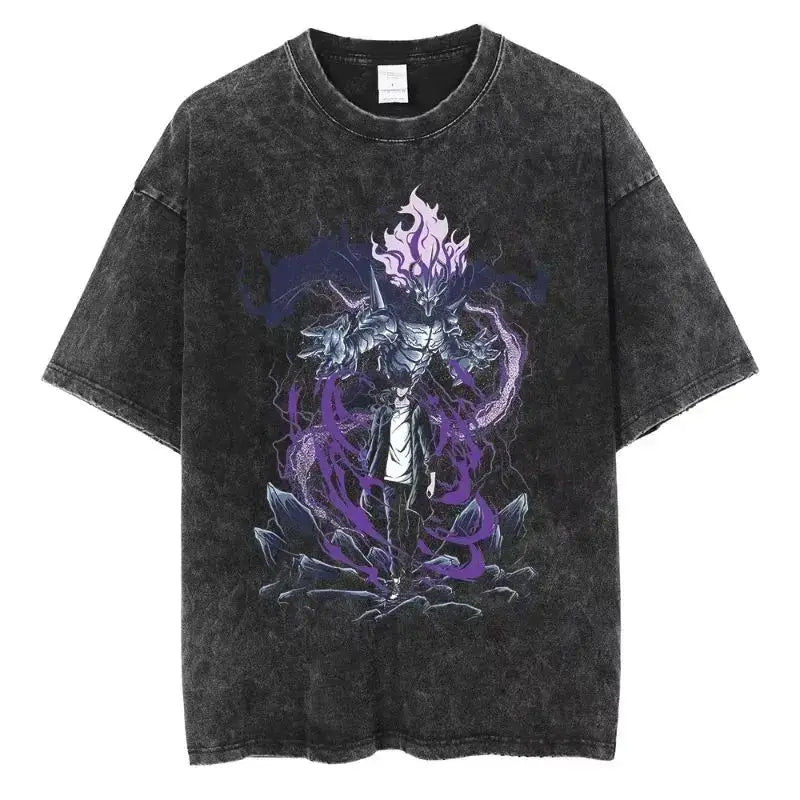 A hot unisex and plus size Solo Leveling Sung Jin-Woo Printed T Shirt in a washed cotton Harajuku style.