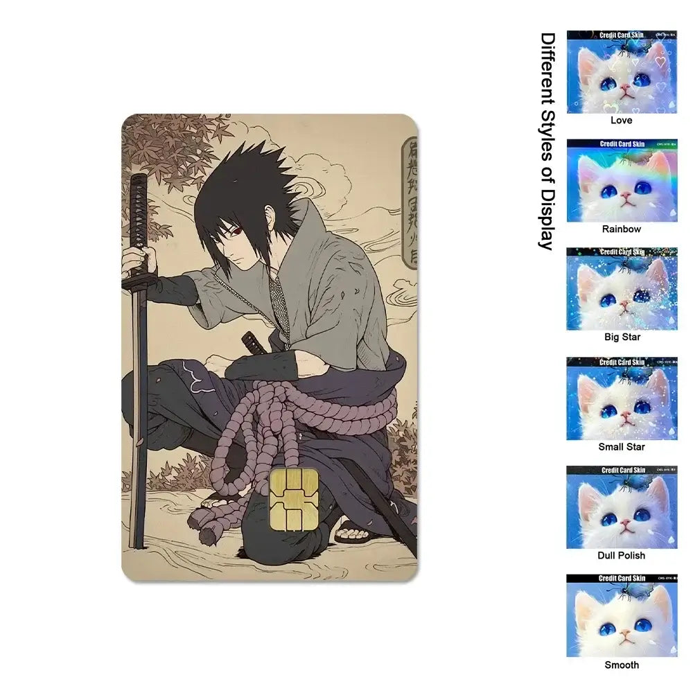 A waterproof Naruto Credit Card Skin PVC sticker featuring Uchiha Sasuke anime art applied to a standard debit bank card.