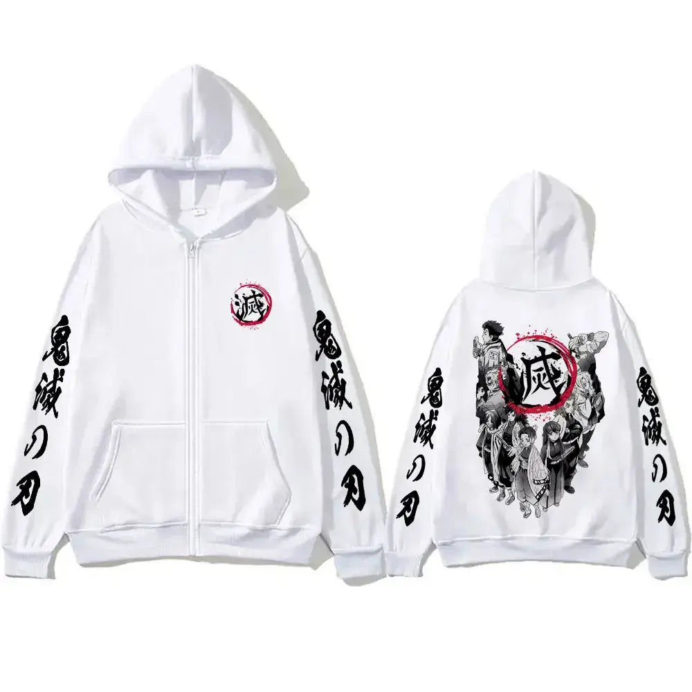 An oversized Demon Slayer Hashira Hoodie with a vintage zip-up jacket style, featuring all the Hashira members, for men and women.