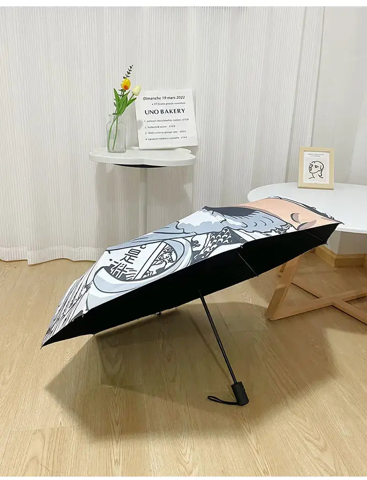 An automatic One Piece Nika Luffy Fold Umbrella with a three-fold design, featuring Gear 5 anime art and black glue sunscreen.