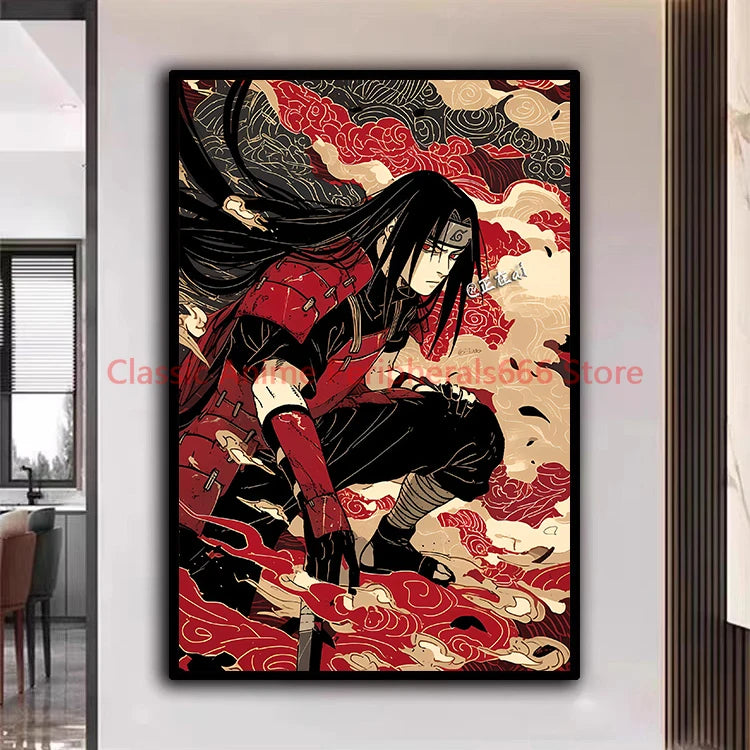A traditional Ukiyo-e style Naruto Poster canvas painting featuring Akatsuki members Itachi and Sasuke for aesthetic home decor.