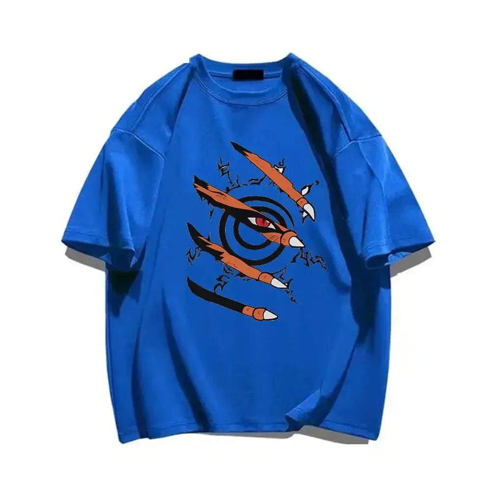 A black Naruto Graphic T-Shirt featuring a 3D effect of the Nine-Tails Kurama claws tearing through the fabric to reveal the seal and red eye.