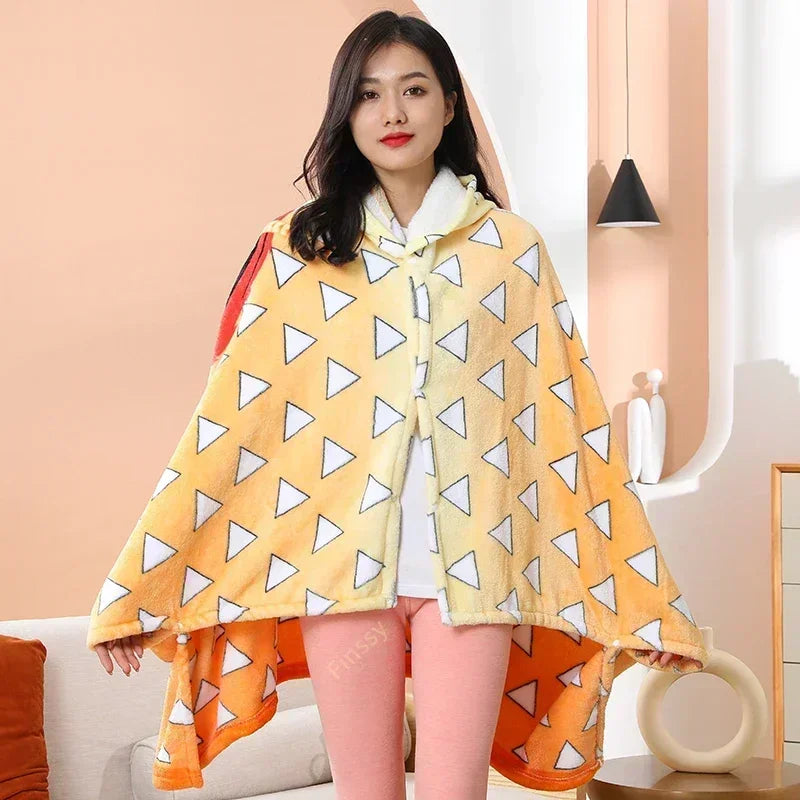 A cozy Demon Slayer Blanket styled as a Tanjiro Kamado plaid haori, functioning as a wearable bathrobe and anime cosplay shawl.