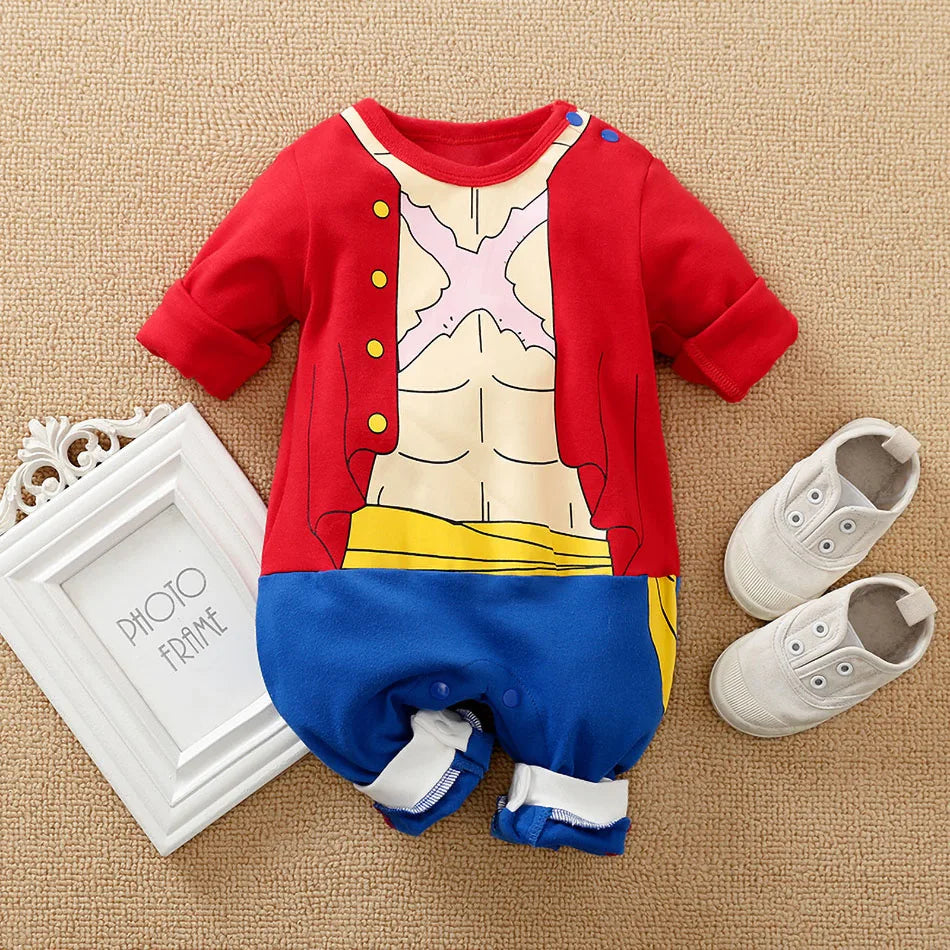 A newborn infant wearing the Baby Anime Costume, a cosplay jumpsuit available in Luffy, Akatsuki, and Vegeta styles.