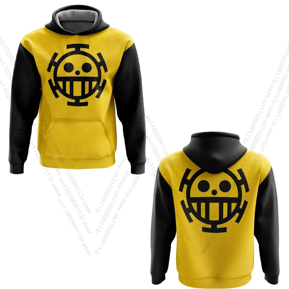 A men's Trafalgar Law Harajuku Hoodie with a cosplay print, designed as a breathable gym and outdoor sports sweatshirt.