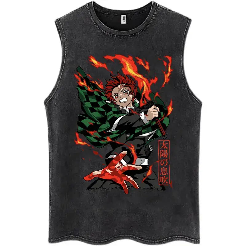 A washed retro Zenitsu Demon Slayer Tank Top featuring Agatsuma Zenitsu manga art, sleeveless cotton summer streetwear for men and women.