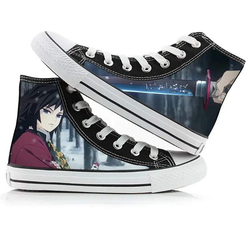 A pair of kawaii Anime Demon Slayer Canvas Shoes in a hand-painted high-top sneaker style for boys and girls.