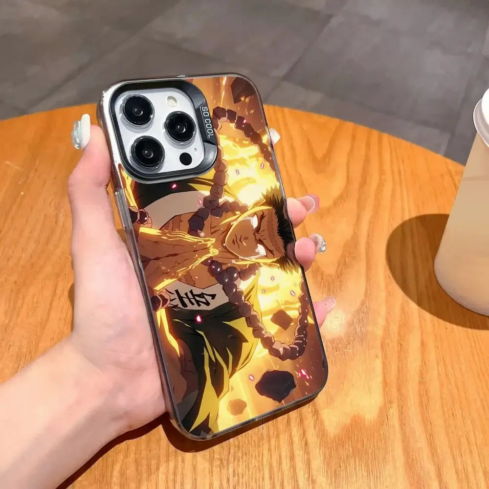 A matte black Demon Slayer Phone Case featuring cool anime character art and shockproof silicone protection for Apple iPhone 16, 15, and 14 Pro Max.