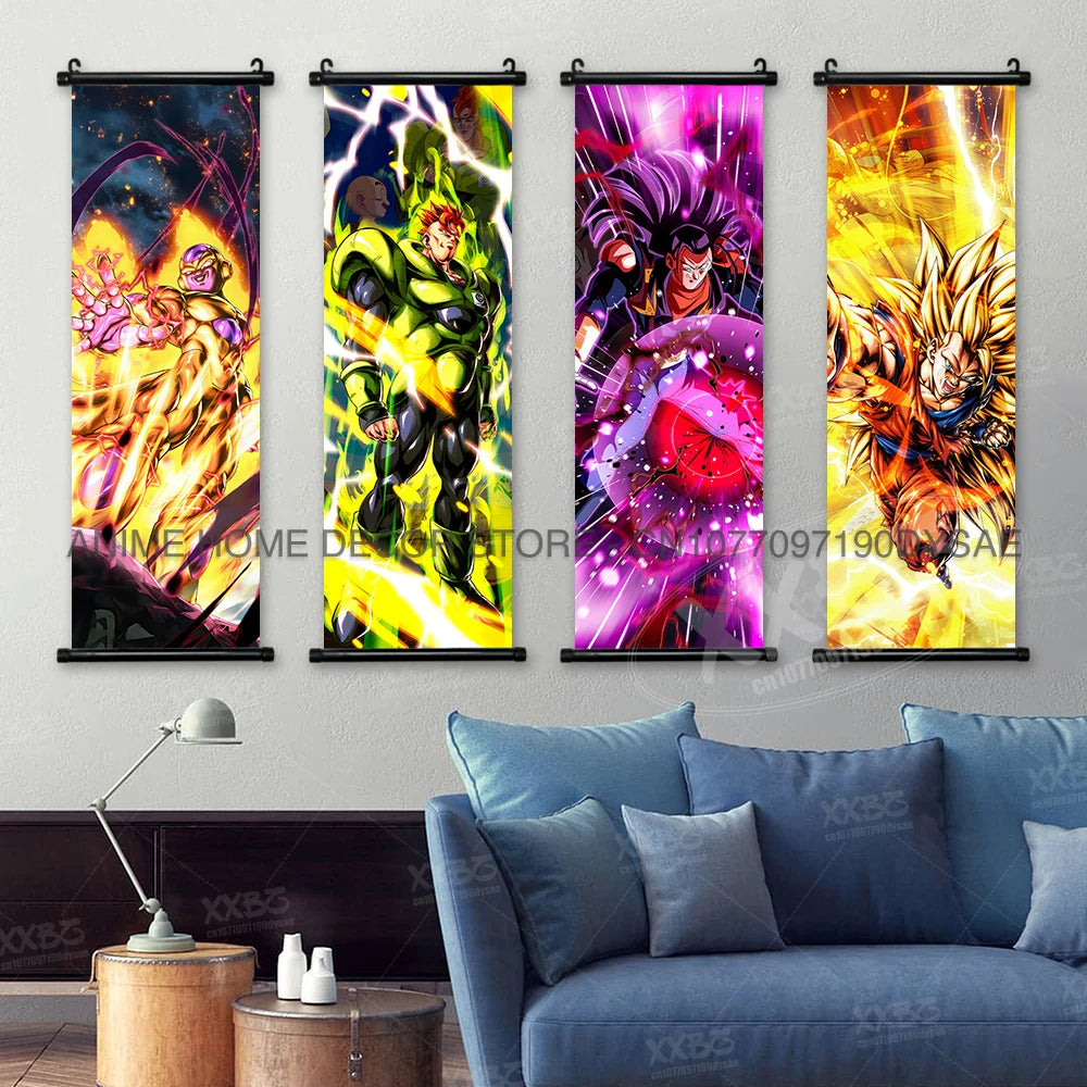 High-quality Dragon Ball Posters wall art scroll featuring Anime figures Goku, Vegeta, and Frieza for home decoration.