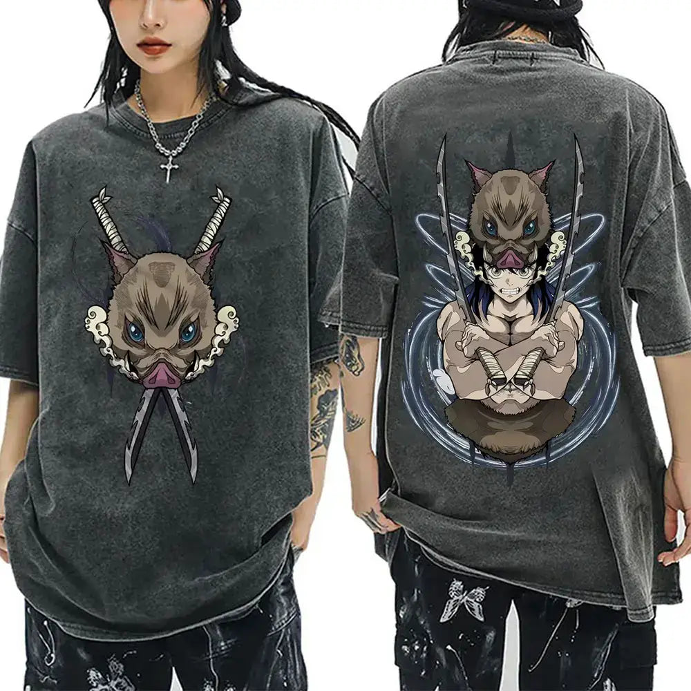 A washed black Demon Slayer Vintage T-Shirt made of 100% cotton, featuring an oversized cartoon anime graphic for men and women.
