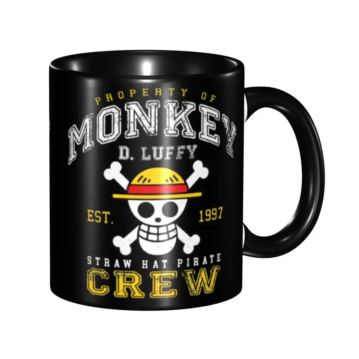 A ceramic Monkey D Luffy Quotes One Piece Mug featuring funny anime text and pirate character art, designed as a durable present for kids.