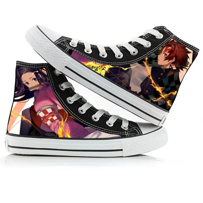 A pair of kawaii Anime Demon Slayer Canvas Shoes in a hand-painted high-top sneaker style for boys and girls.