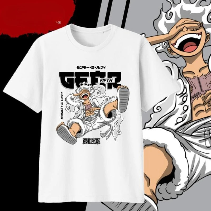 A white One Piece T-Shirt with a Monkey D. Luffy Gear 5 Fifth print, available for babies, children, teens, and adults.