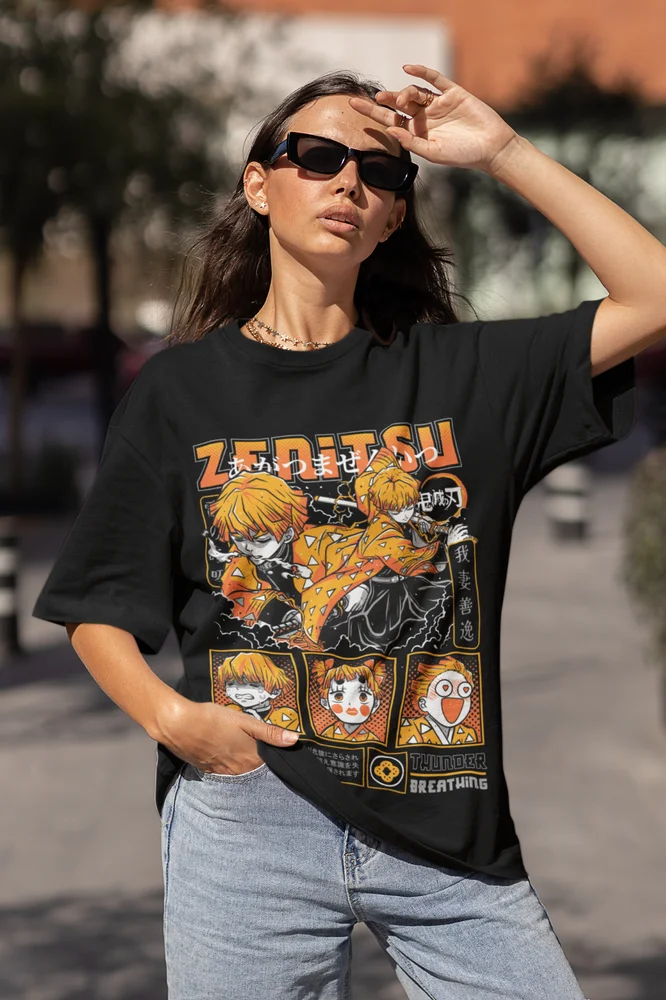 An Agatsuma Zenitsu T-Shirt from Demon Slayer, featuring a design perfect for a Halloween shirt or fan gift.