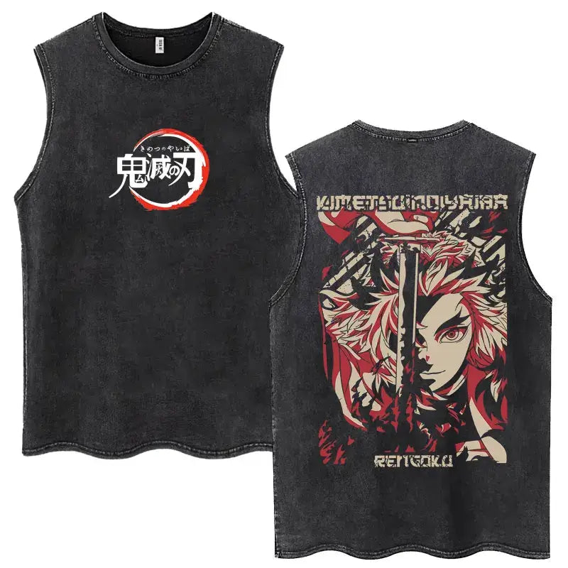 A washed retro Zenitsu Demon Slayer Tank Top featuring Agatsuma Zenitsu manga art, sleeveless cotton summer streetwear for men and women.